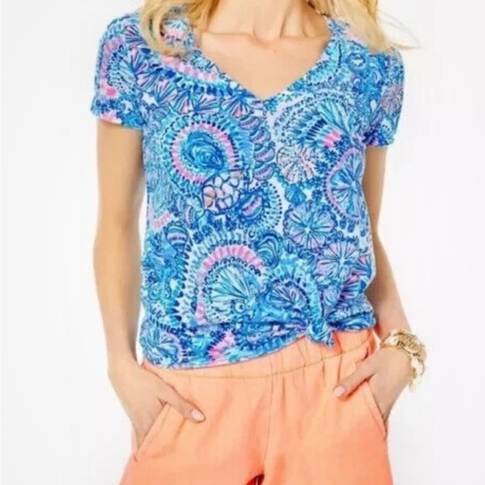 LILLY PULITZER  Ladies Etta V-Neck Blue Grotto Commotion in the Ocean in M